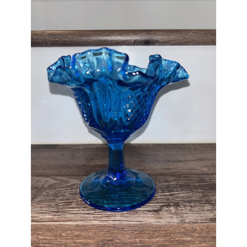 Fenton Compote Art Glass Colonial Blue Honeycomb Thumbprint Ruffled 5" Vintage